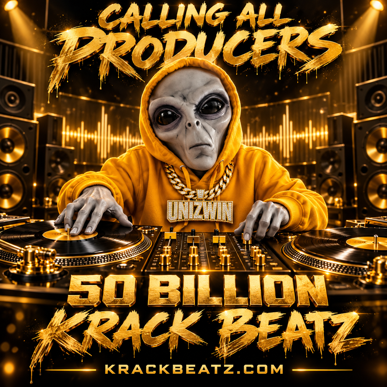 UNIZWIN in a gold hoodie and UNIZWIN chain performing on gold turntables for 50 Billion KRACK BEATZ